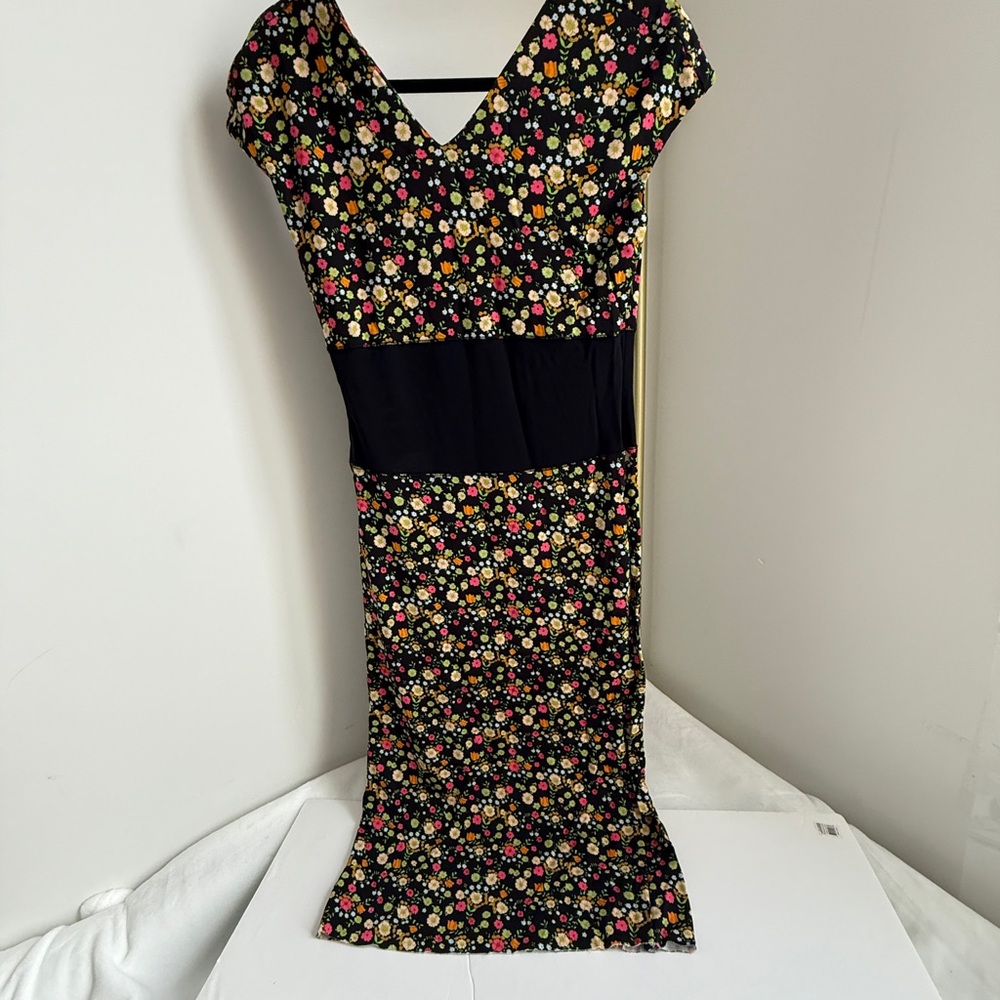 Tory Burch Black Floral Midi Dress with Pink and Yellow Accents